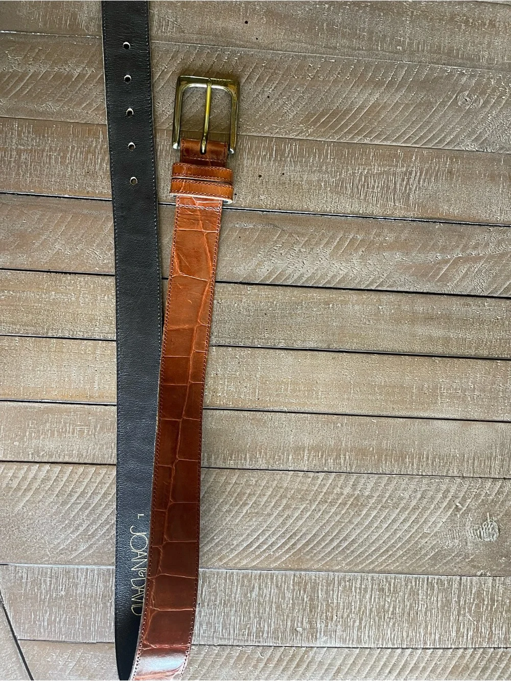 Joan & David Brown crocodile embossed Leather Belt with Brass Buckle